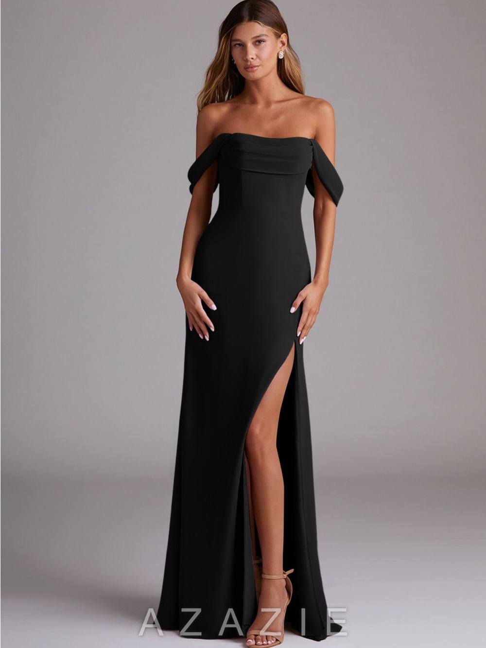 Azazie Black Strapless Off-Shoulder Evening Gown with Thigh Slit
